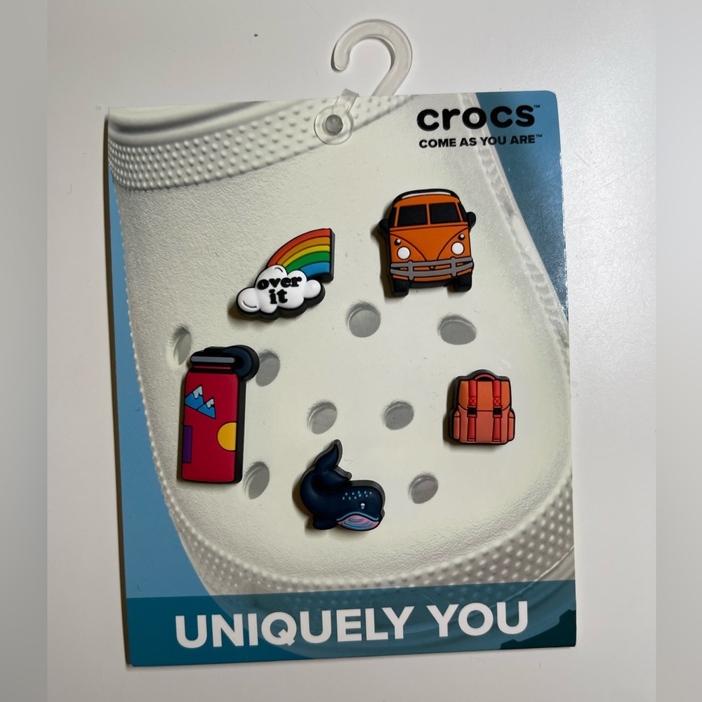 NWT CROCS Jibbitz Shoe Charms Happy Road 5 Pack Van, Rainbow, Whale, Flask